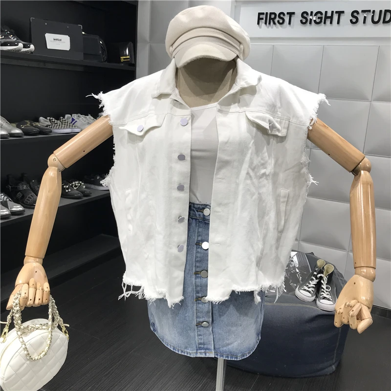Конфетного цвета, без рукавов жилет женский осень колледж Ветер дикие Асимметричные подол джинсовая куртка