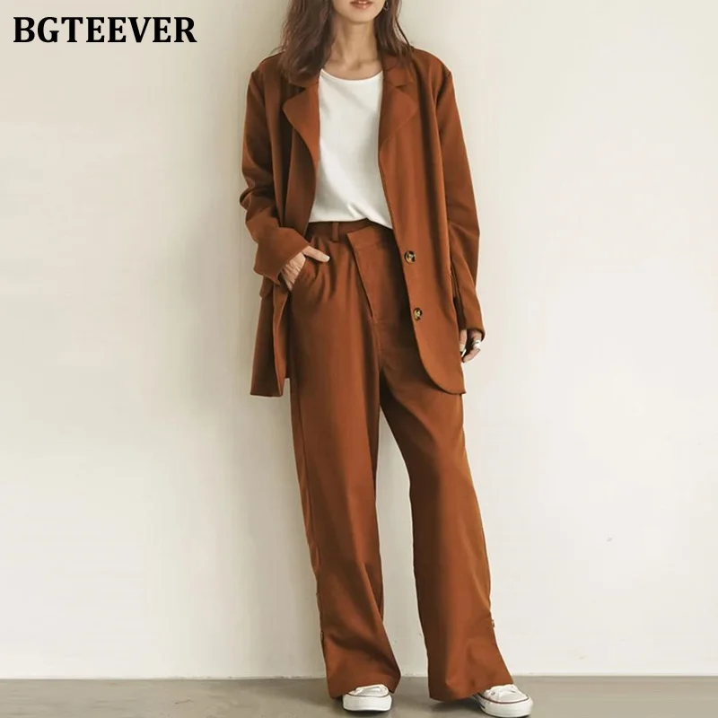 

BGTEEVER Casual Loose 2 Pieces Set Single-breasted Jacket & Straight Pant Female Blazer Suit 2020 Spring Pant Suit Women