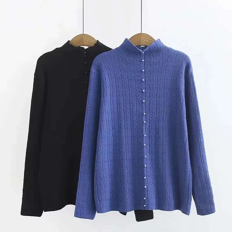 

2019 autumn sweater women new two-color half-high-neck sweater single-breasted pearl dressing sleeve women sweater