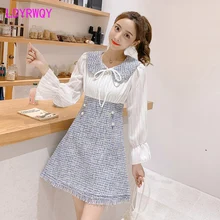 2019 new autumn and winter Japanese style fashion tweed dress Regular  Knee-Length  Natural  Bow  Full  Patchwork