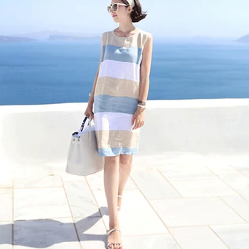 

Summer Dress Women Contrast Color Stripe Knee Length Dress Female Elegant Sleeveless Sweet Beach Dress Vestido