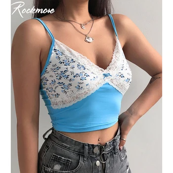 

Rockmore Croptops Y2K Sexy Patchwork Spaghetti Straps Lace Flower Print Low Cut Tank Tops Summer Sleeveless Casual Camisole Club