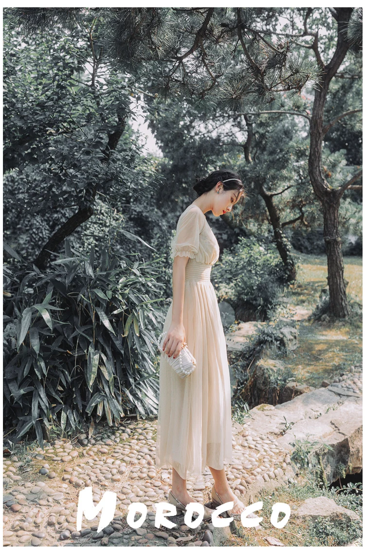 YOSIMI V-Neck Short Sleeve Chiffon Long Women Dress Summer Vintage Maxi Empire Beige Lace Ladies Party Dress Ankle-length