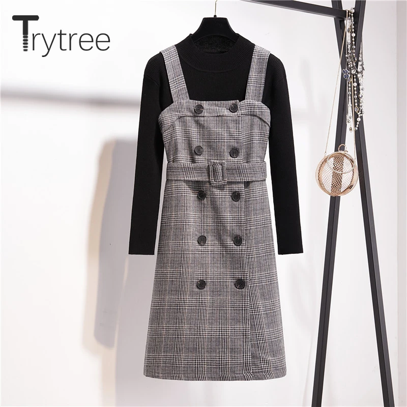 Trytree/осенне-зимний комплект из двух предметов; Повседневный Однотонный свитер с круглым вырезом; вязаный Топ+ платье на бретельках; ремень на пуговицах; комплект в клетку; комплект из 2 предметов