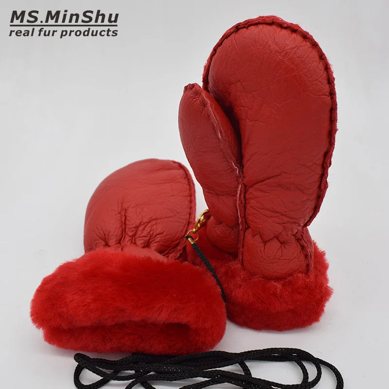 Ms. MinShu/Детские перчатки из овчины, меховые варежки, детские кожаные перчатки, Детские Зимние теплые перчатки из натуральной овчины, меховые перчатки