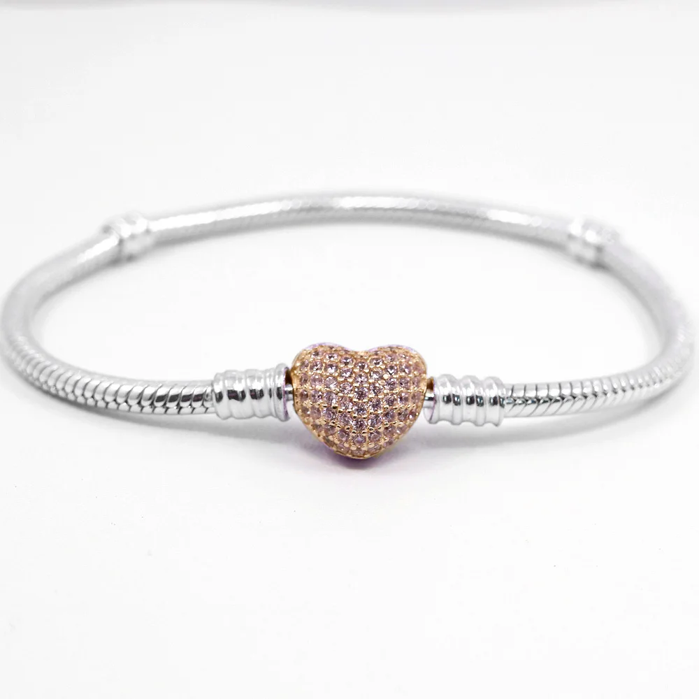 925 пробы серебряный браслет из розового золота с застежкой в виде сердца, браслет с кристаллами, браслет с бусинами, очаровательные европейские ювелирные изделия DIY