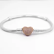 925 пробы серебряный браслет из розового золота с застежкой в виде сердца, браслет с кристаллами, браслет с бусинами, очаровательные европейские ювелирные изделия DIY