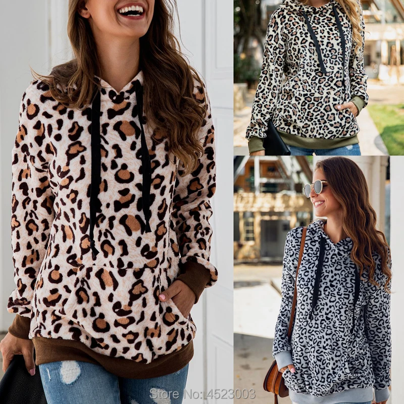 Женская толстовка с леопардовым принтом с капюшоном, Повседневная Толстовка с длинным рукавом, теплые мягкие Пуловеры, уличная одежда