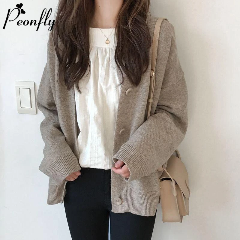 PEONFLY Fashion Knitted Cardigan Women Coat Solid 2020 Spring V Neck Long Sleeve Korean Style Sweater Tops Ladies |