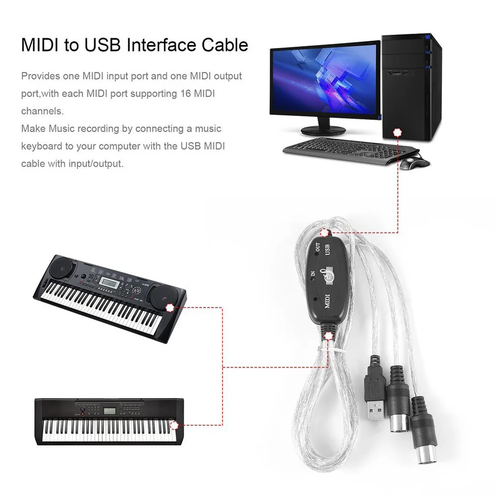 

MIDI to USB Interface Cable Adapter for Keyboard Electronic Drum PC to Music Keyboard Cord FOU99