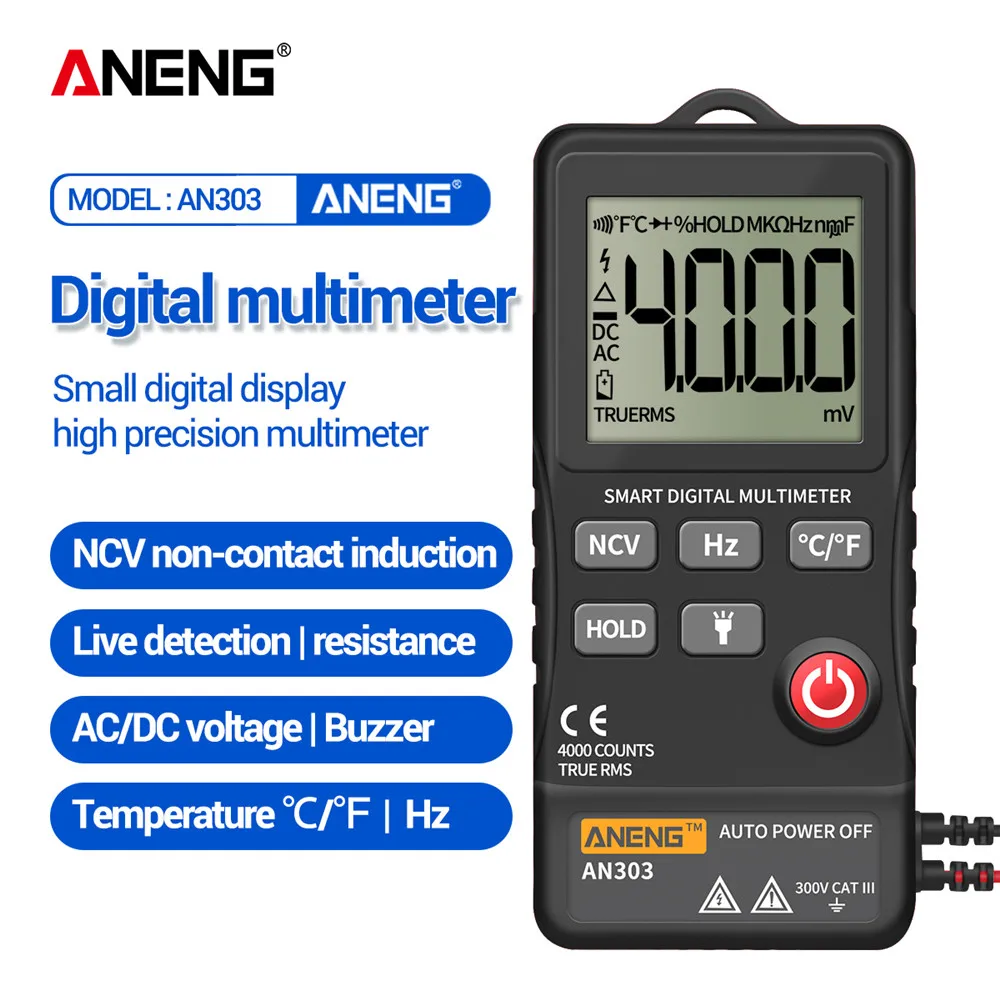 

ANENG AN303 Mini True Rms Digital Multimeter 4000 Display DC/AC Voltmeter Tester Capacitance NCV Ohm Resistance Hz Test car