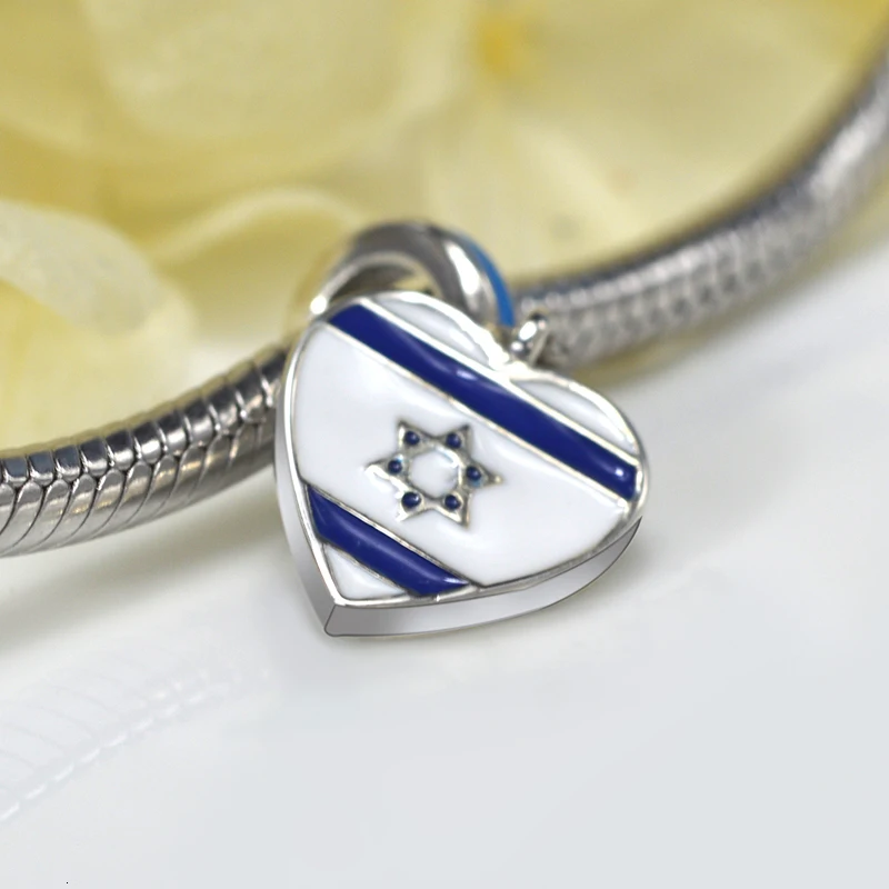 

Strollgirl new 100%925 Sterling Silver Blue White Enamel Heart Shaped Israeli Flag Charm for Pandora Bracelet Women Jewelry Gift