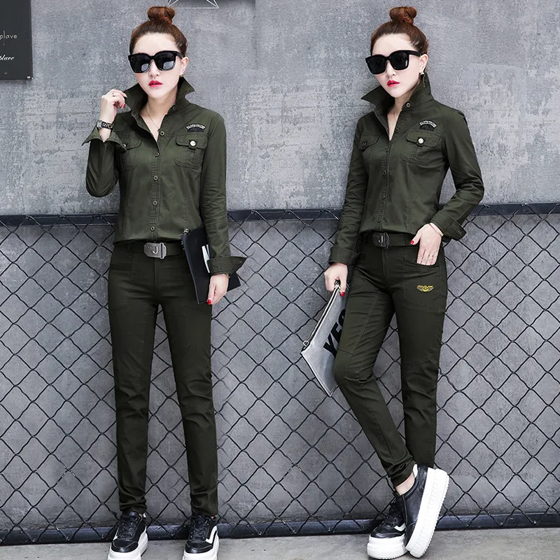 

Autumn Women Two Piece Set Tracksuit Army Green Long Sleeve Shirt and Pants Suit for Women Outwear Training Outfits Matching Set