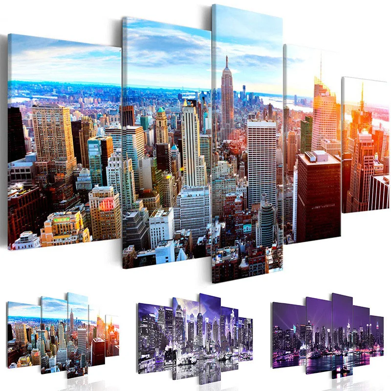 

Five-Piece Set Canvas Painting Art Poster High-Rise Building Landscape Print Modular Picture Living Room Modern Decorative Mural