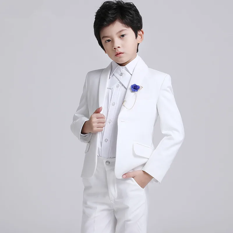 

White Flower Boys Formal Suit For Weddings Kids Prom Performance Blazer +Pants 2Pcs Tuxedo Clothing Set Child Gentleman Costume