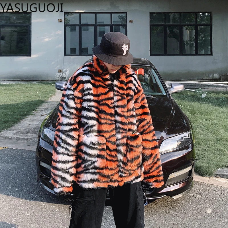 YASUGUOJI Winter Men Faux Fur Tiger Pattern Coat Jacket Male Fashion Loose Warm Streetwear Thicken Outwear Oversize | Мужская одежда