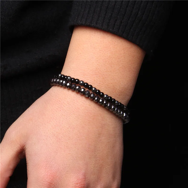 2Pcs/Set Black Hematite Bracelets For Men Women Weight Loss Natural Stone Stretch Health Care Bracelet Magnetic Therapy Jewelry