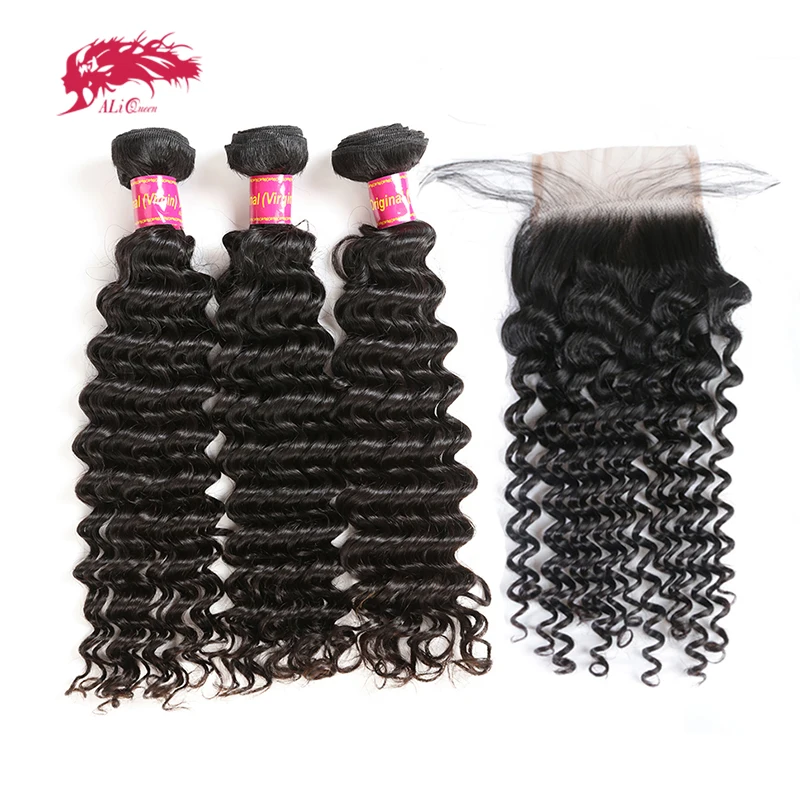 

Deep Wave Human Hair Bundles With Closure Preplucked 3/4 pcs Brazilian Virgin Remy Hair Weave Bundles With 4x4 Lace Closure