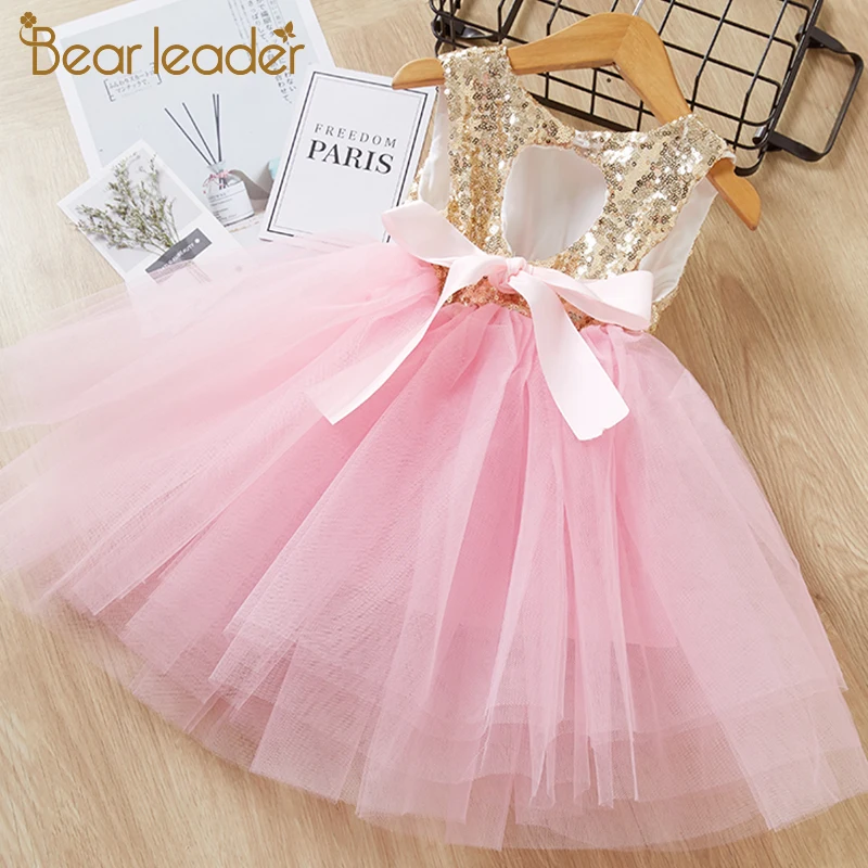 AZ1937 pink Bear leader/платье для девочек; коллекция года; летнее кружевное платье для маленьких девочек; детское платье принцессы с короткими рукавами; детская одежда - Цвет: AZ1937 pink
