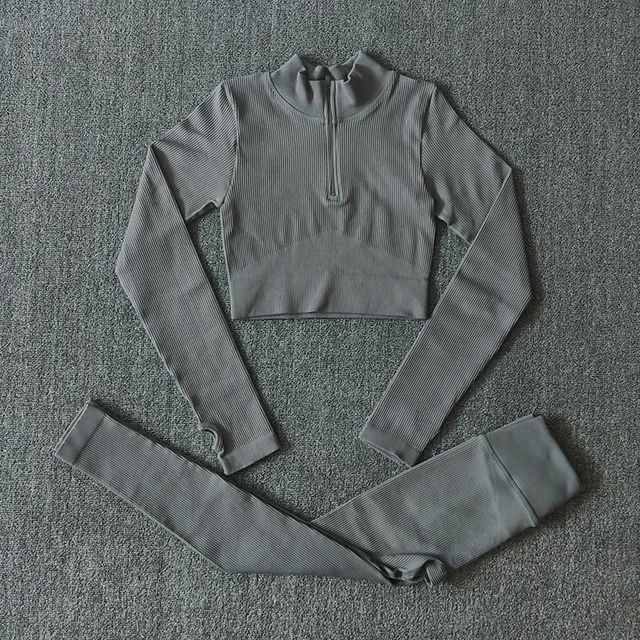 Seamless Women Yoga Set Workout Sportswear Gym Clothing Zipper Long Sleeve High Waist Leggings Fitness Bra Athletic Sports Suits LongShirtsPantsGray