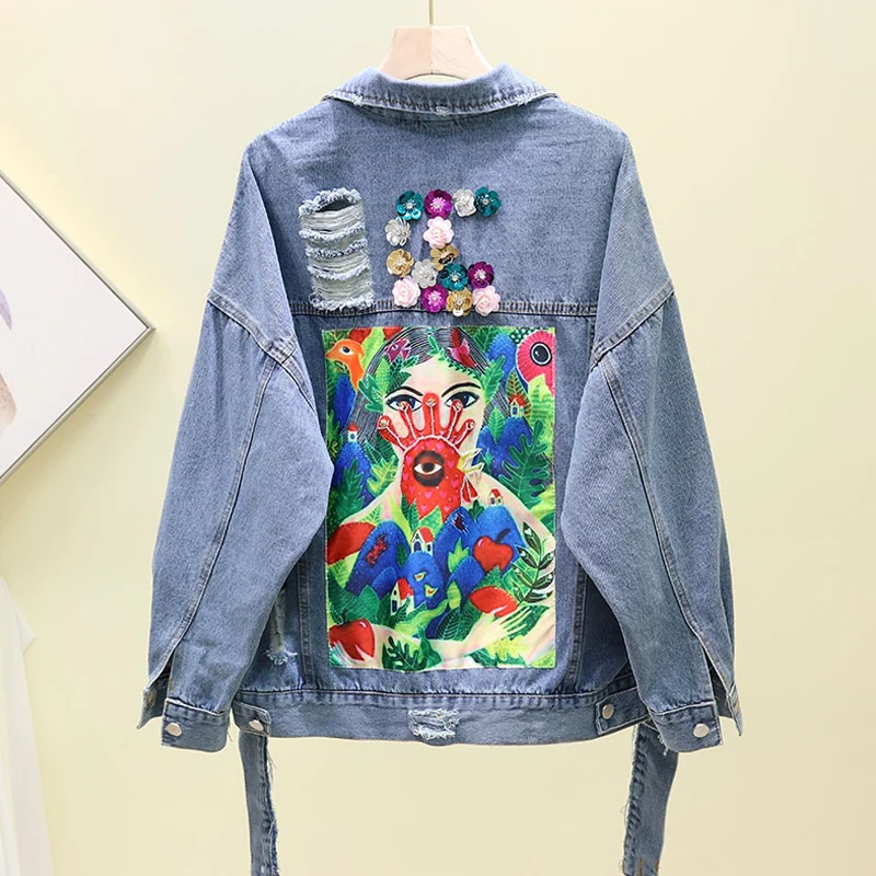 Neploe Harajuku ручная роспись печать изысканные джинсы куртки расшитые блестками отверстие джинсовая куртка Весенняя модная верхняя одежда ветровка