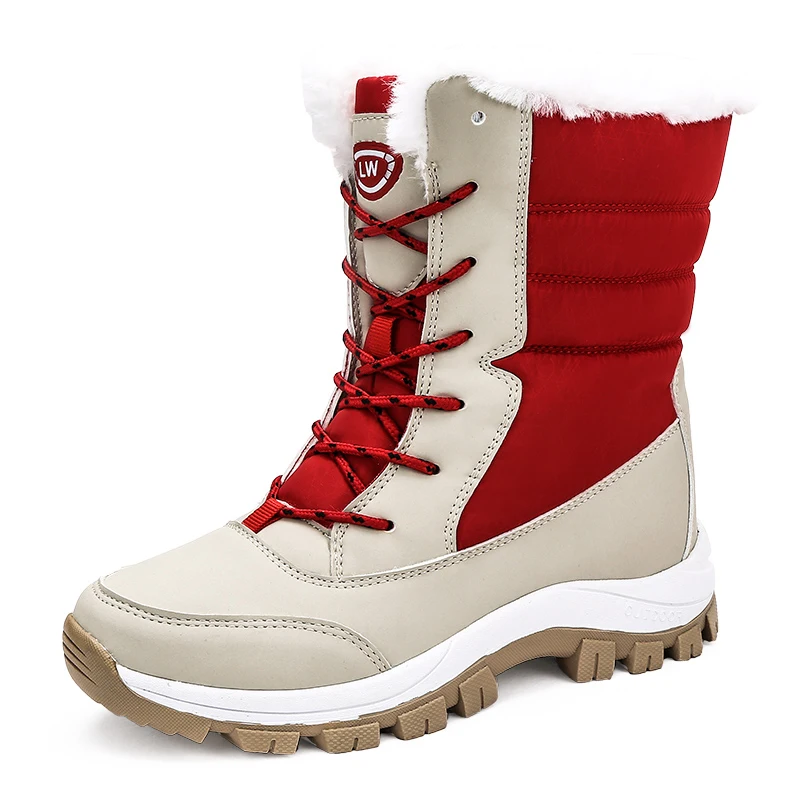 

Women's Boots Genuine leather Winter Cow Suede Keep Warm Plush Snow Boots Ladies Round Toe Lace-Up Mid-calf Boots Female