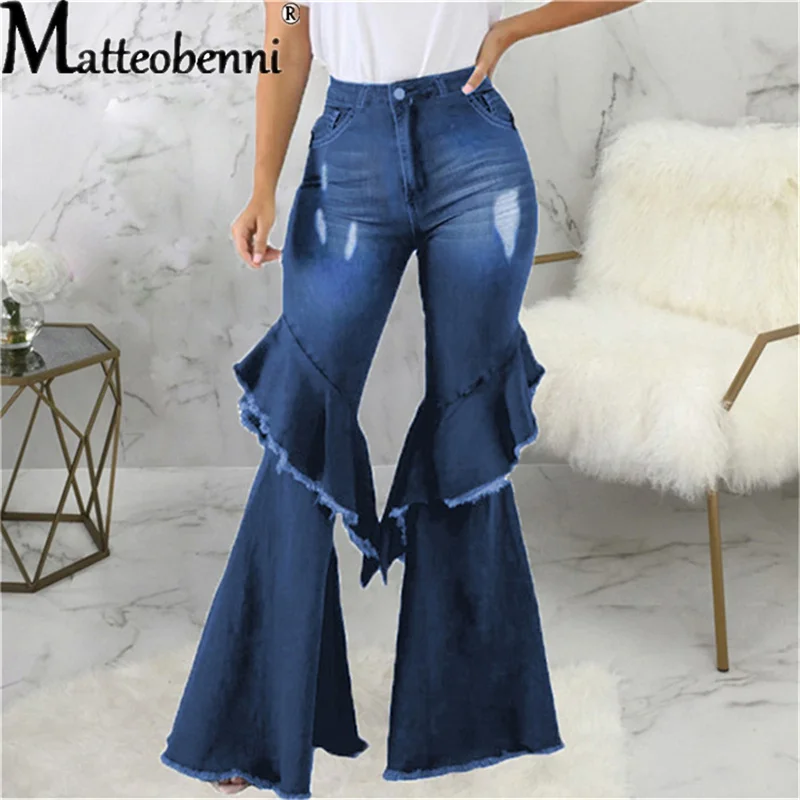 Casual Ripped Denim Pants Ladies Fashion Patchwork Flare Pants Sexy High Waist Jeans Trousers  2021 Women Street Wide Leg Pants