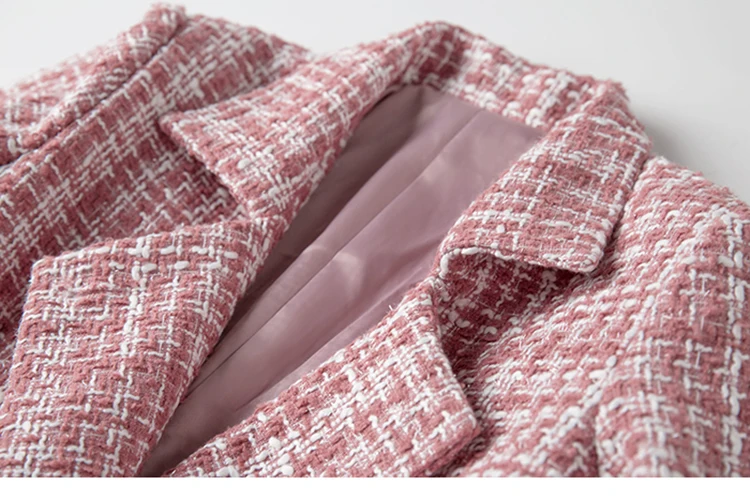 Сезон осень-зима; розовый цвет твидовый в клетку длинное шерстяное пальто женские зубчатые двойные Dreasted пояса оборки шерстяное пальто Русалка верхняя одежда