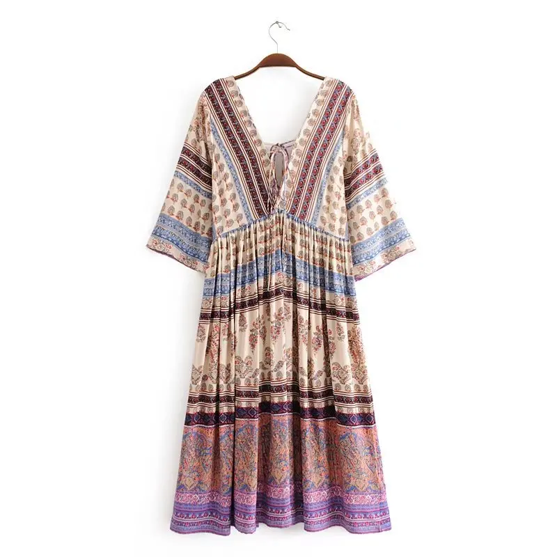 

2018 Spring And Summer Europe And America WOMEN'S Dress Cotton Heat Transfer Floral Patterns Ethnic-Style V-neck Dress 8214