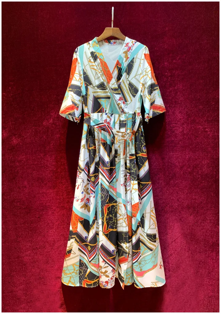 Vintage Style Women Long Dress V Neck Printed Ankle Length Big Swing Dress High Waist Fashion Sashes Clothes Feminina