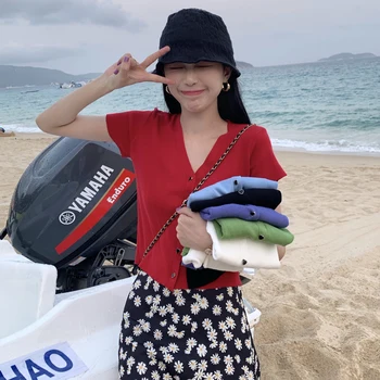 

6 colors 2020 korean style solid color thin V neck knitted sweaters cardigan womens summer short sleeve tops womens (C1192)