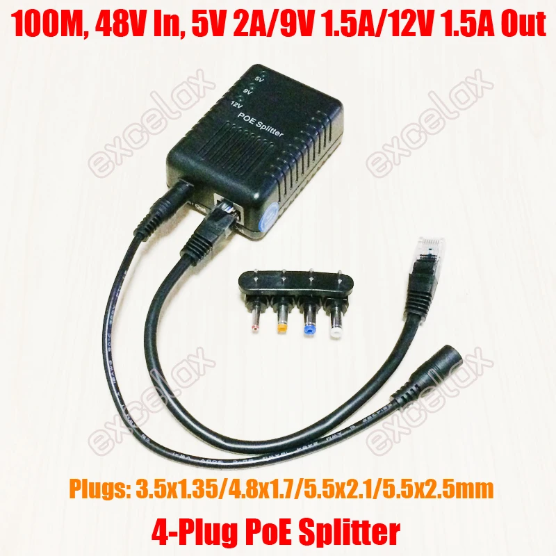 100Mbps 4 DC Plug 5V 9V 12V Adjustable Network PoE Splitter Module Power Over Ethernet Supply 802.3af for IP Security Camera