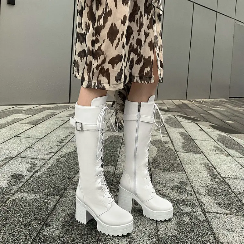 

2020 winter waterprooft platform woman's boots cross-tied chunky high heels riding equestrain women boots snow boots big size 43