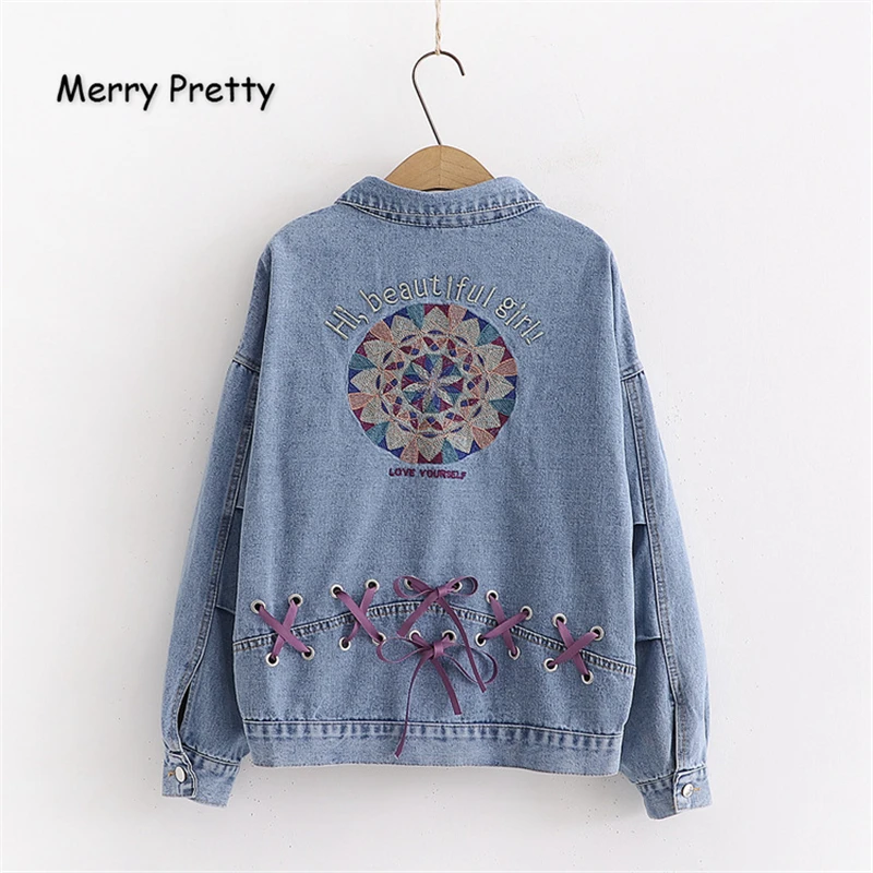 

Merry Pretty Women Denim Jacket Back Embroidery Lace Up Jeans Jacket 2019 Autumn Long Sleeve Turndown Collar Pockets Outerwear