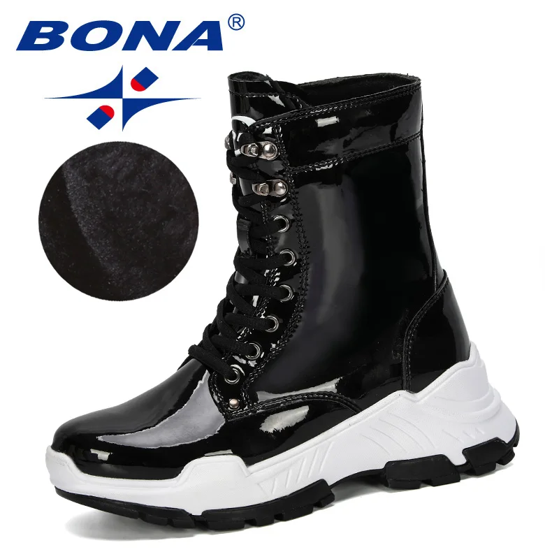 Black BONA/Новинка года; Дизайнерские теплые женские зимние ботинки на платформе; плюшевые женские повседневные кроссовки; уличные зимние сапоги; Теплая обувь; женская обувь - Цвет: Black