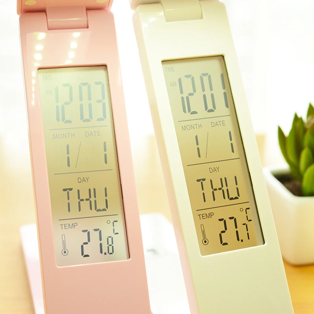 Foldable 18 LED Desk Lamp&Night Light with Alarm Clock/Calendar Table Lamp Soft Bright Can Adjust Built-in Rechargeable Battery