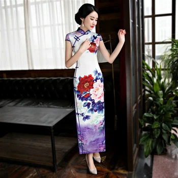 

Sheng Coco mandarin collar chinese dresses White Purple Cheongsam 2020 qipao Long M-4XL Large Size Ladies Elegant Qipao Retro