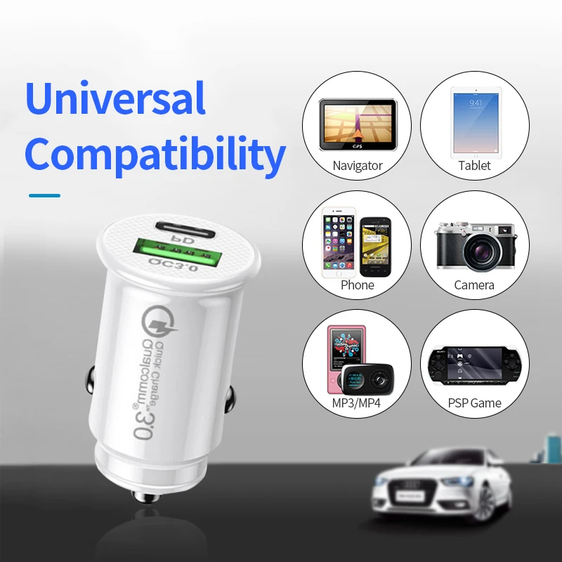 Car Charger QC3.0 Fast Charging Mini Shape Car Lighter Slot White Black PD 20W USB Type C Port Charge Mobile Phone