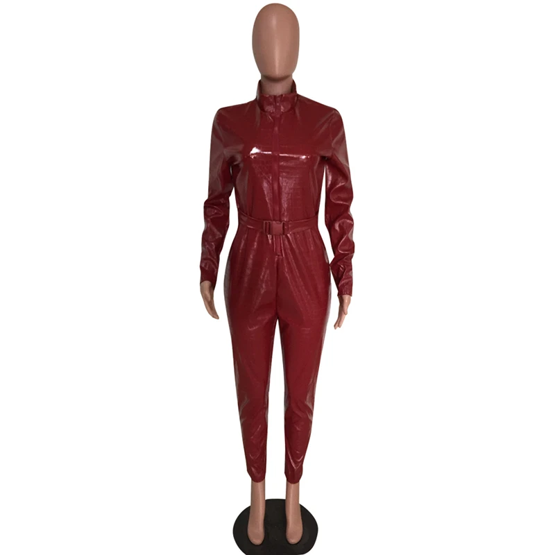 Red Black PU Leather Jumpsuit Front Zipper Sexy V Neck Erotic Spandex Skinny Romper with Belt Night Club Overalls Latex Costumes