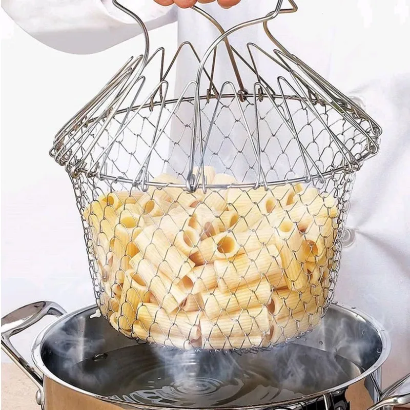 Foldable Steam Rinse Strainer Stainless Steel Colander Magic Mesh Basket Drainer Frying French Fryer Tool Kitchen Cooking Basket|Colanders & Strainers| - AliExpress