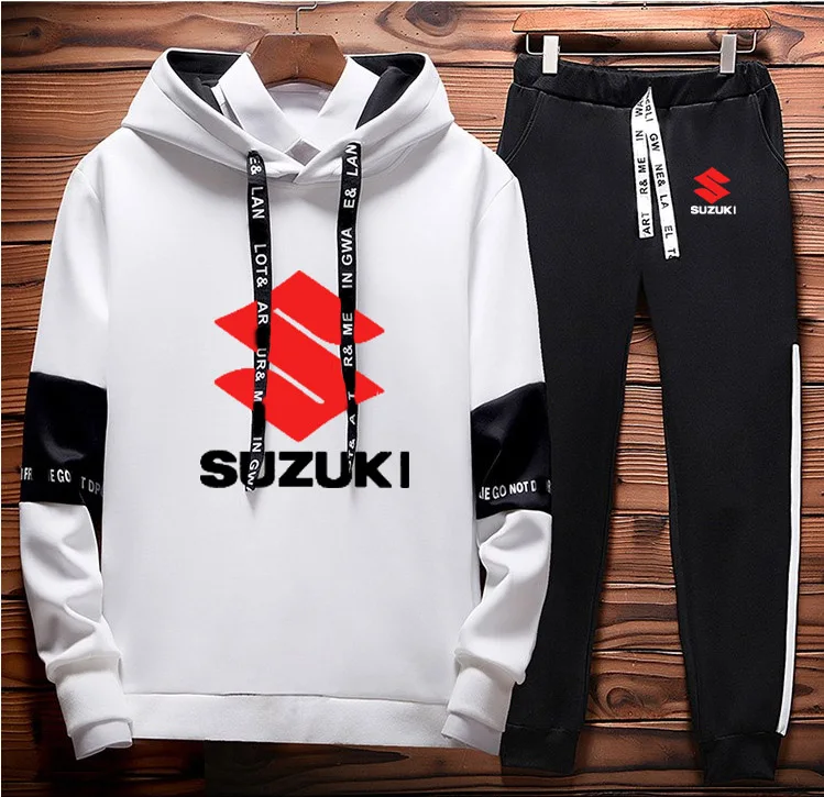 Толстовки для мужчин, автомобиль Suzuki с логотипом, унисекс, толстовка, модные мужские худи+ штаны, 2 предмета, спортивный костюм, Флисовая теплая Толстая спортивная одежда - Цвет: Белый