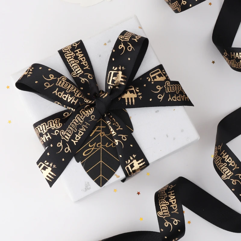 5Yards Gilding Happy Birthday Satin Ribbons Printed Handmade Birthday Gifts Box Packaging Craft Accessories Party Baking Decor satin ribbons satin ribbon ribbon decoration ribbon supplies wrapping ribbon