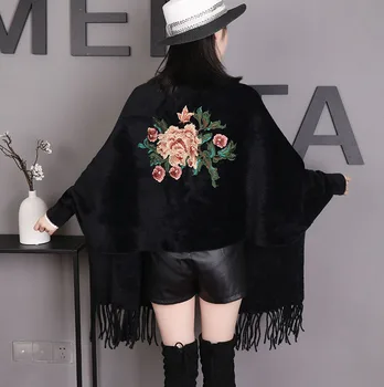 

Black Embroidery Flower Shawl Echarpes Women Soft Pashmina Cape Scraves Tassels Mujer Bufanda Long Tippet Muffler Pallium