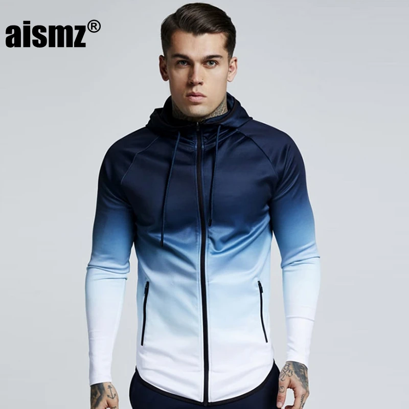 

Aismz men jacket fashion gradient color thin hooded sweatshirt mens slim zipper Cardigan brand outerwear hoodies streetwear Top