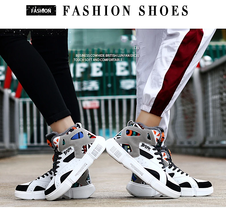 High Top Sneakers Warm Winter Plush Women Shoes Graffiti Platform Sneakers White Lover Shoes Size 11 Zapatos De Mujer