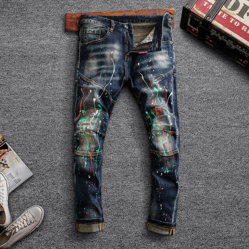 

American Streetwear Fashion Men Jeans Elastic Slim Fit Retro Dark Blue Painted Designer Denim Trousers High Quality Biker Pants