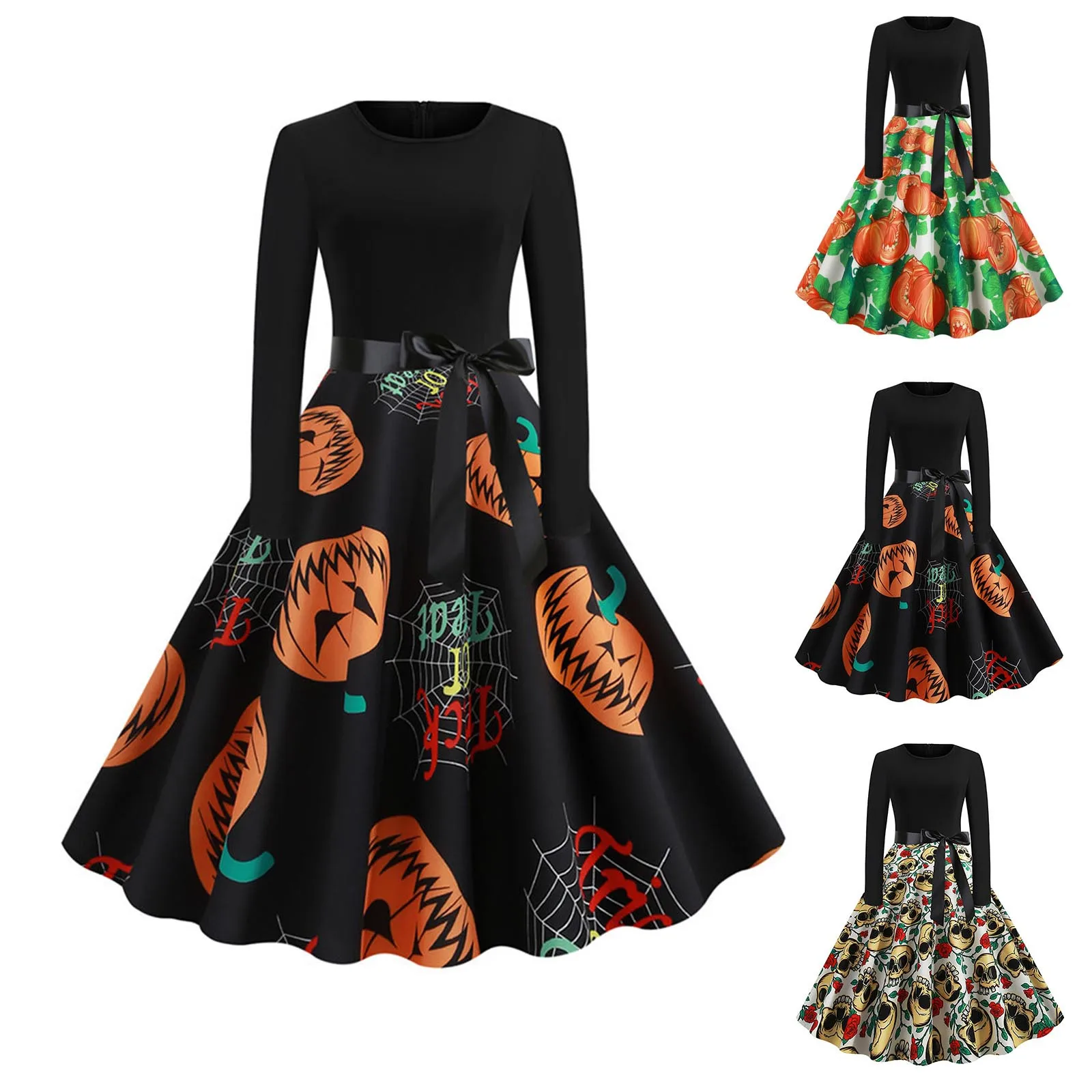 fashion Women's dress Vintage O Neck Long Sleeve Midi Halloween dress Printed Evening Party Prom Costume Dresses Mujer Vestidos 1
