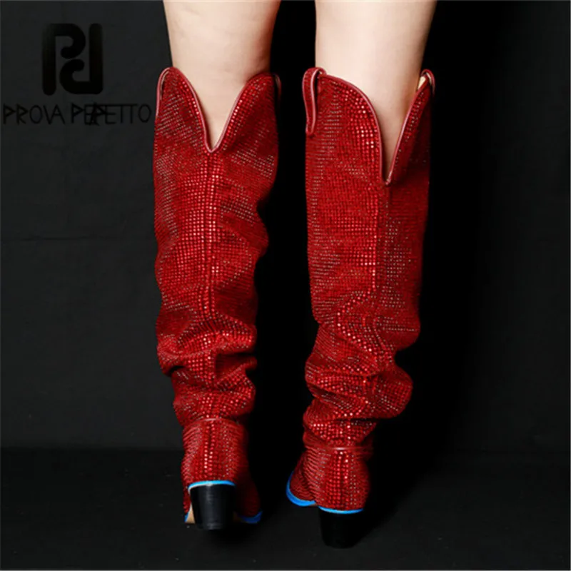 Prova Perfetto стразы украшение выше колена Длинные трубы bottes femme низкий каблук Platorm сапоги для женщин водонепроницаемый натуральная кожа