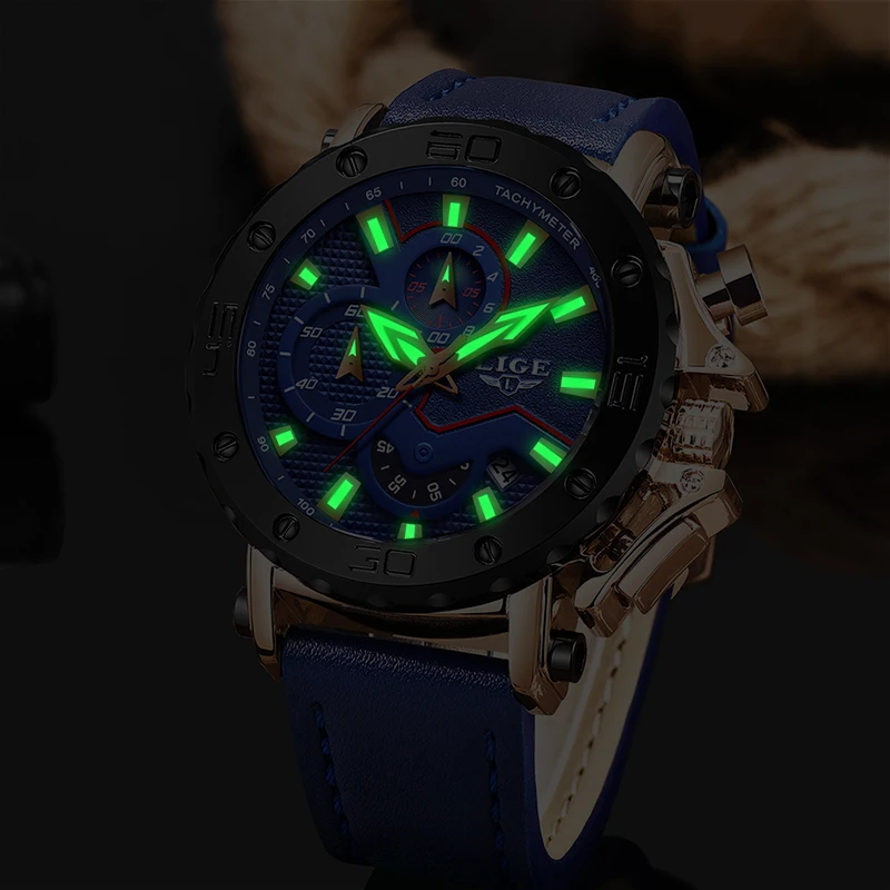 Tanie LIGE nowe męskie zegarki Top marka luksusowe duże pokrętło wojskowy zegarek kwarcowy niebieska skóra wodoodporny chronograf sportowy dla mężczyzn