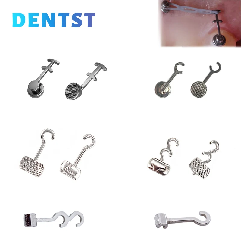 

Dentst Orthodontic Crimpable Hook With Buccal Tube Dental Multi-Function Long Hook Bondable Lingual Button Mesh Base 50pcs/box